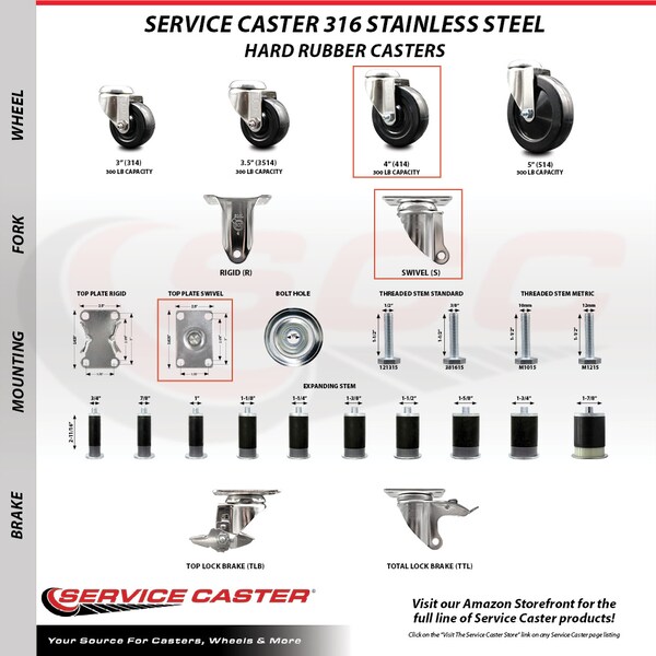 4 Inch 316SS Hard Rubber Wheel Swivel Top Plate Caster Set